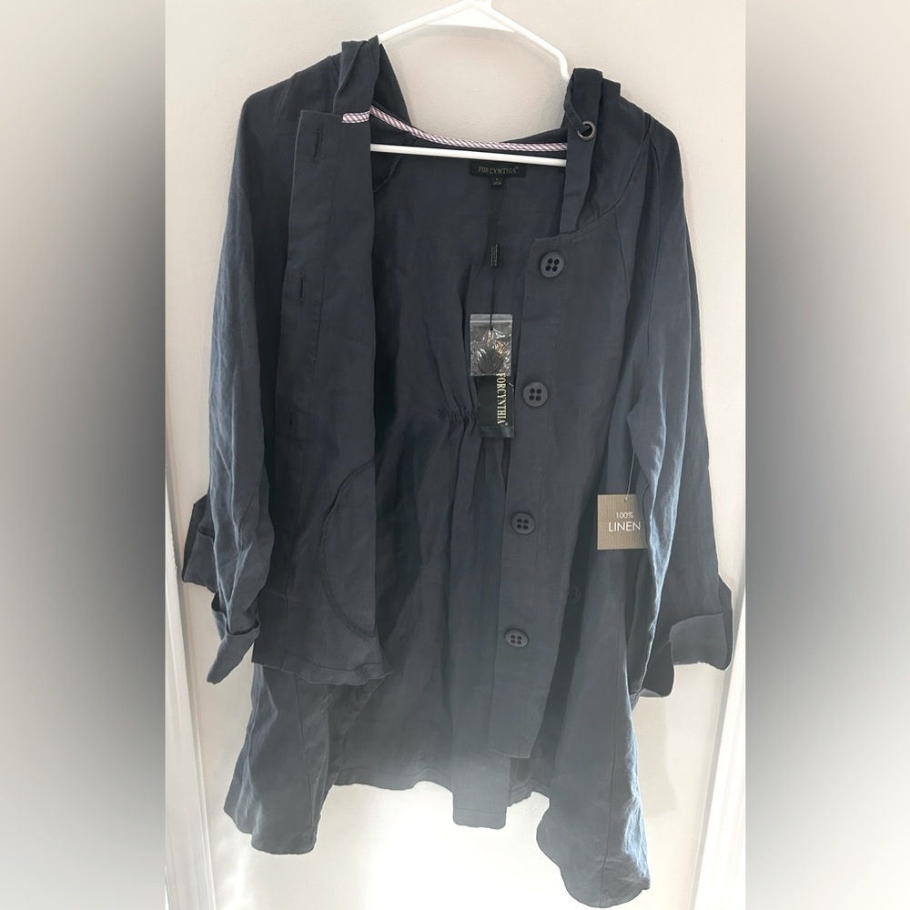 For Cynthia Navy Blue Trench style jacket with hood NWT size L